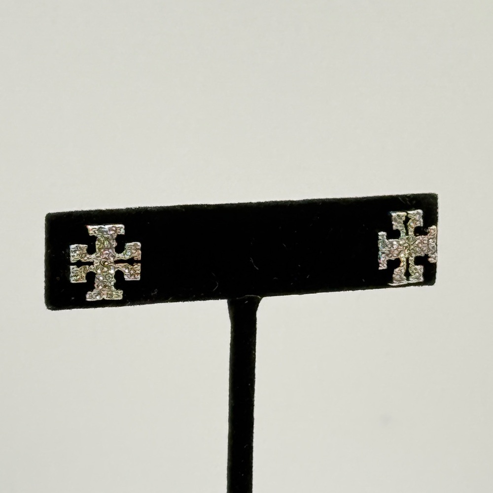 Tory Burch Silver Logo Crystal Stud Earrings ✨ - Picture 3 of 3